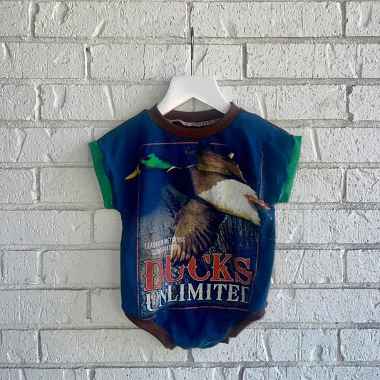 RTS | 0/3 Month Upcycle SS Sweater Romper | Ducks UnL